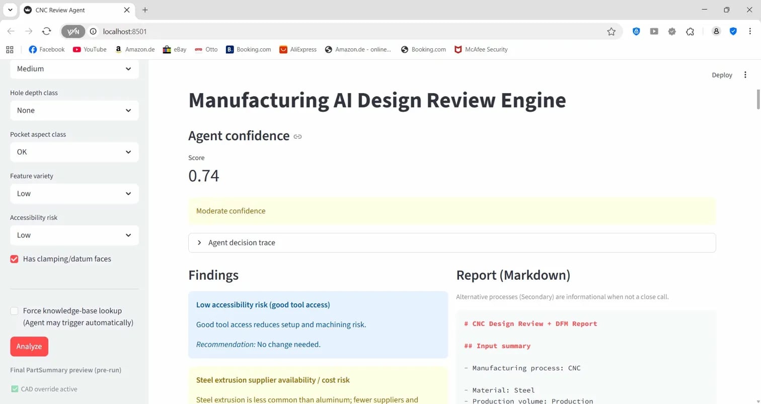 Screenshot of the design review interface with a manufacturability assessment for a part