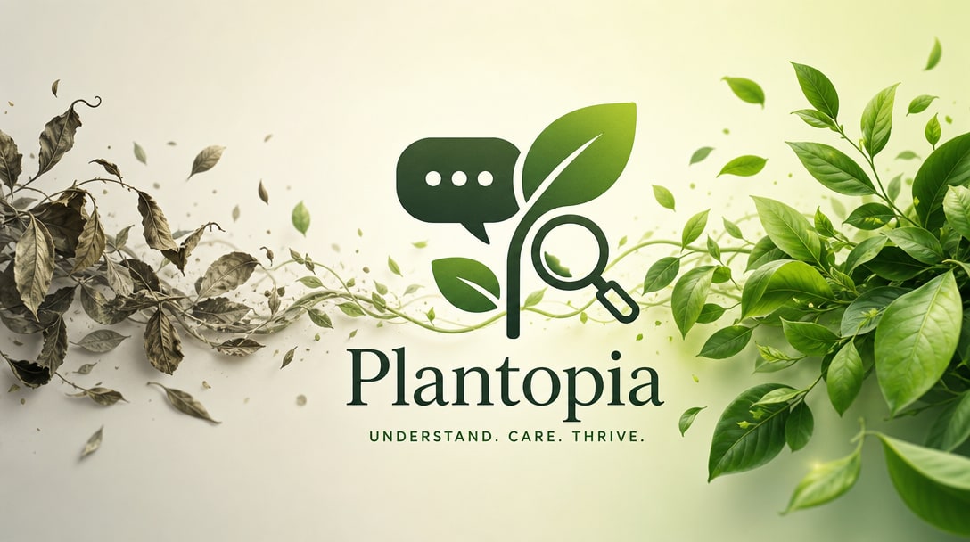 Plantopia logo between wilted leaves and healthy green foliage